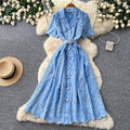 French romantic lace cutout dress - women's summer short sleeve, slim fit a-line dress - office chic & high-end style