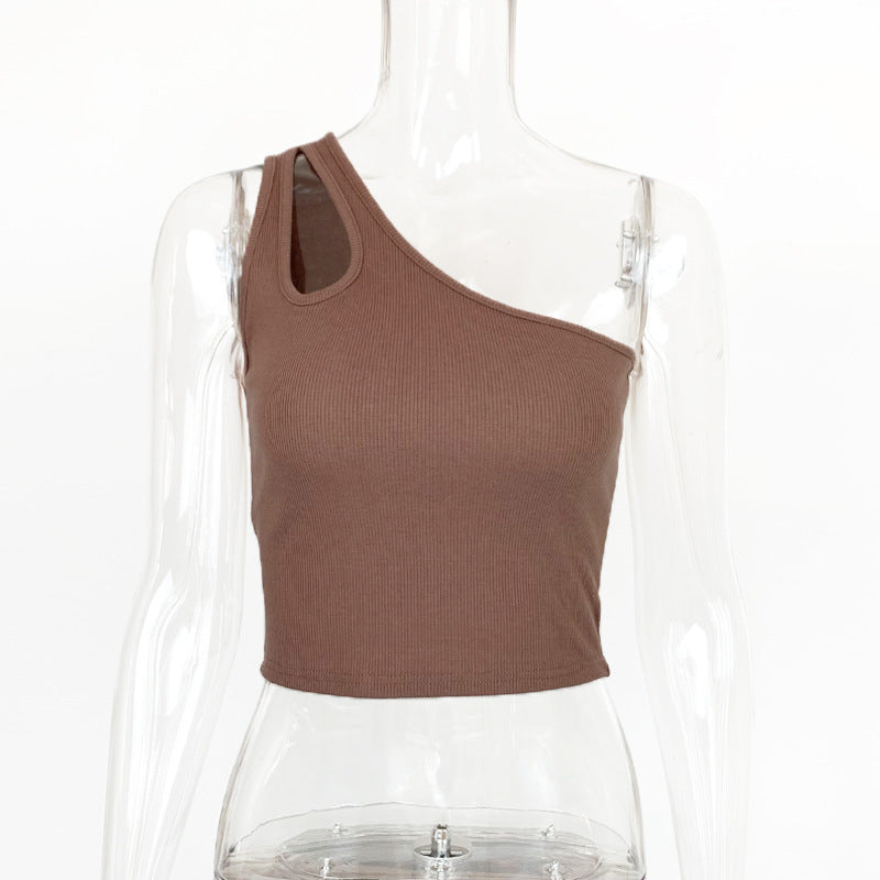 Slant shoulder slim-fitting short open-button Spice Girls small vest for women 2025 summer European and American  new hollow sleeveless top