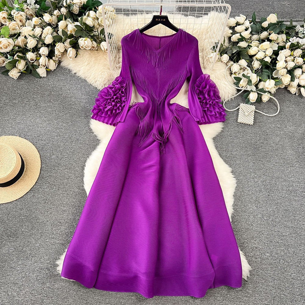 European court style women's dress - designer tassel v-neck slim fit maxi dress with miyake-inspired pleats and flared sleeves