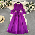 European court style women's dress - designer tassel v-neck slim fit maxi dress with miyake-inspired pleats and flared sleeves