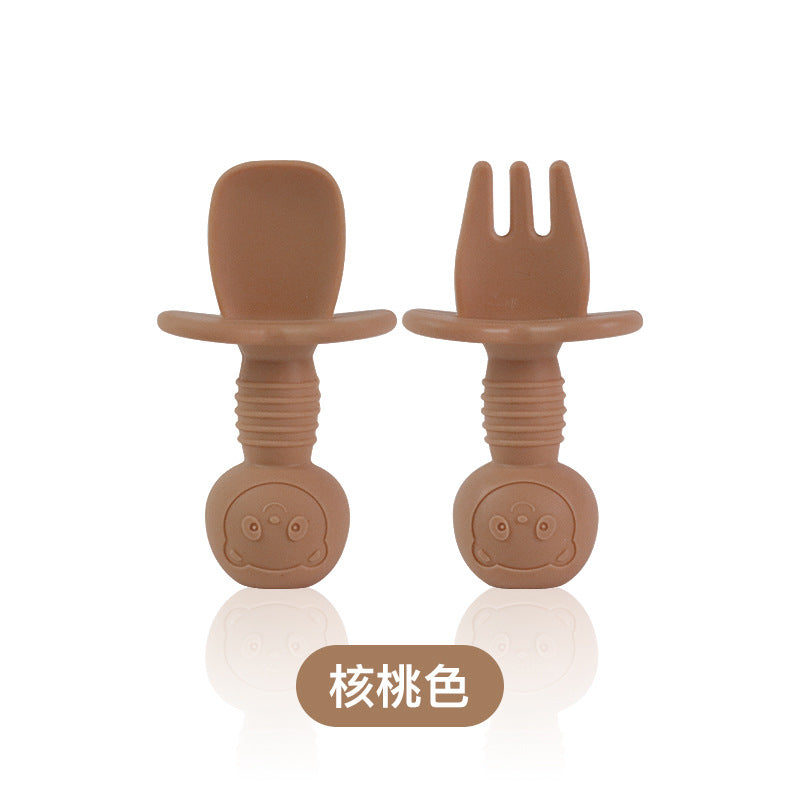 Food grade silicone fork and spoon baby learning to eat training licking spoon short handle silicone complementary food spoon mini baby soft spoon