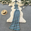 Vacation outfit: women's striped knit halter top and high-waisted bodycon midi skirt two-piece set