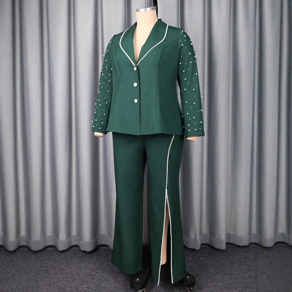 retrosexyv neck beaded long sleeves suit tops slit easiest for matchstraight-leg pants two-piece set