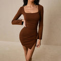 Spring/summer new arrival: brown square neck bodycon mini dress with slit, flared long sleeves, and pleated detail – elegant and chic for work or play