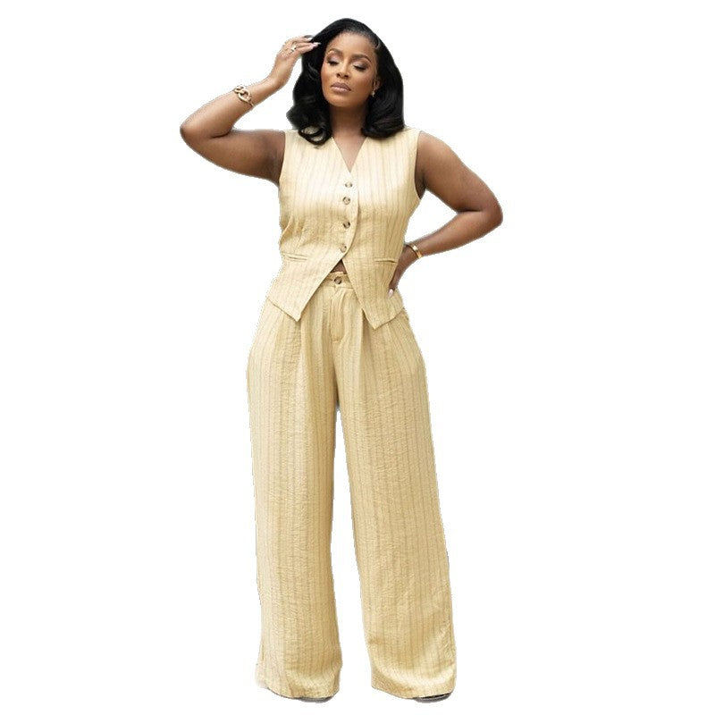 European and american women's clothing  autumn new collection: sweet and fresh striped vest top and high-waisted straight-leg pants two-piece set