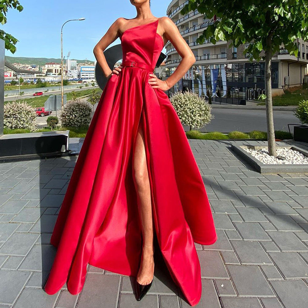 spring/summer new arrivals: cross-border  fashion - european & american style women's one-shoulder bandeau sexy slit maxi dress