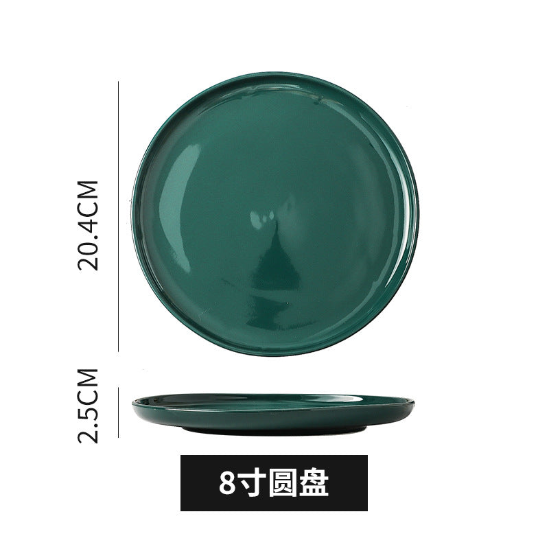 Nordic style creative green glaze ceramic steak plate - glossy green square/round plate - hotel-grade solid color salad plate