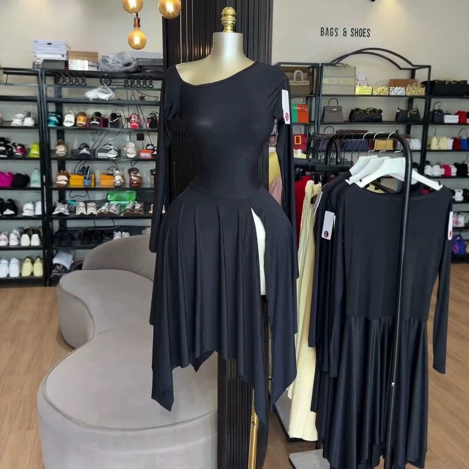 European and american cross-border women's fashion:  summer new arrivals - sexy and elegant asymmetrical neckline, slim-fit long sleeve dress with irregular slit