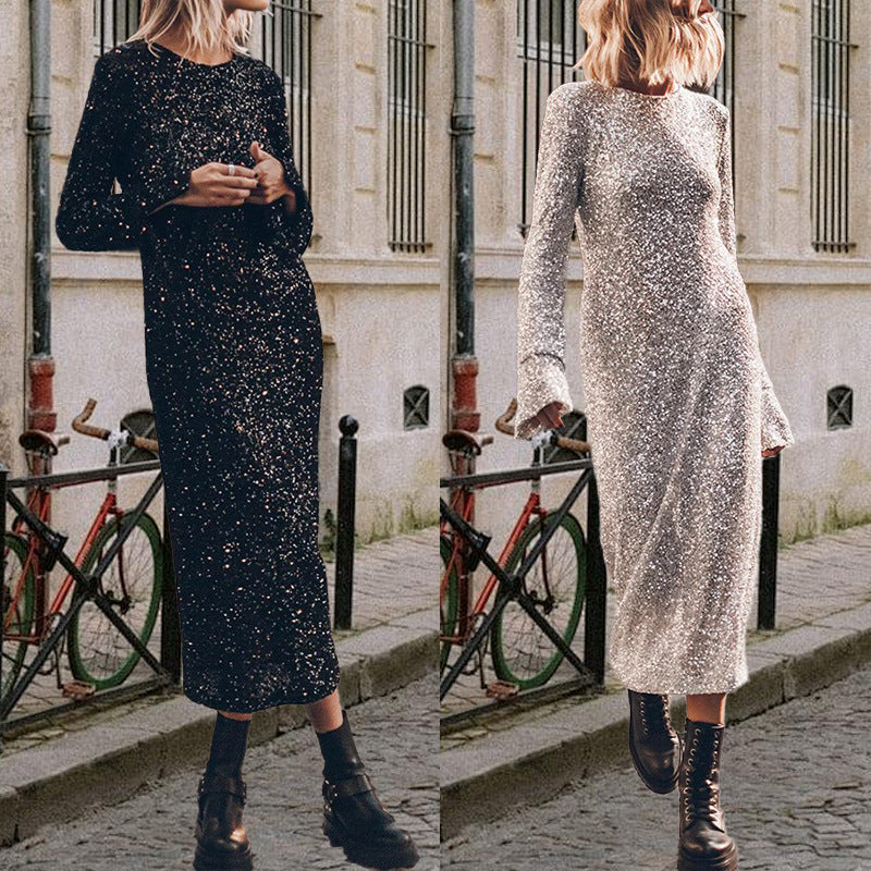 independent station ins fashion cross-border new casual beads street style elegant fashion long sleevesdress