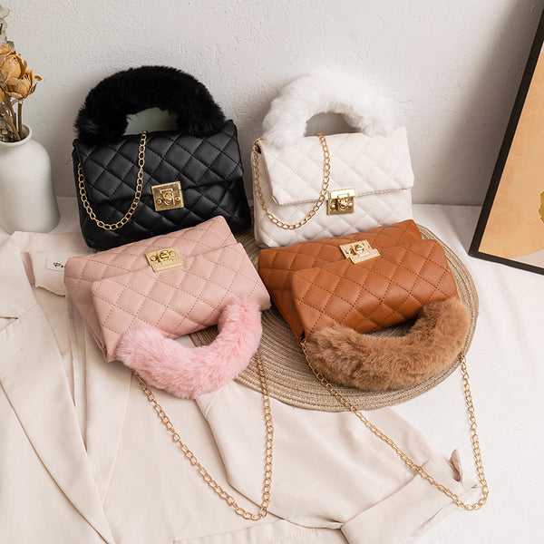 women handbags2022菱格绣花斜挎包韩版甜美小方包毛绒绒手提包