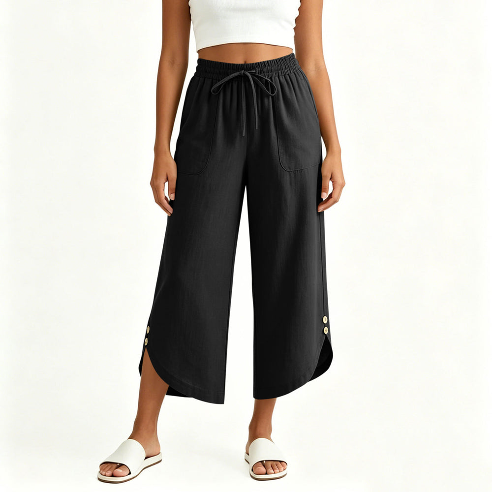 cross-border  women's summer lightweight solid color elastic waist drawstring pocket side button casual capri pants