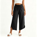 cross-border  women's summer lightweight solid color elastic waist drawstring pocket side button casual capri pants