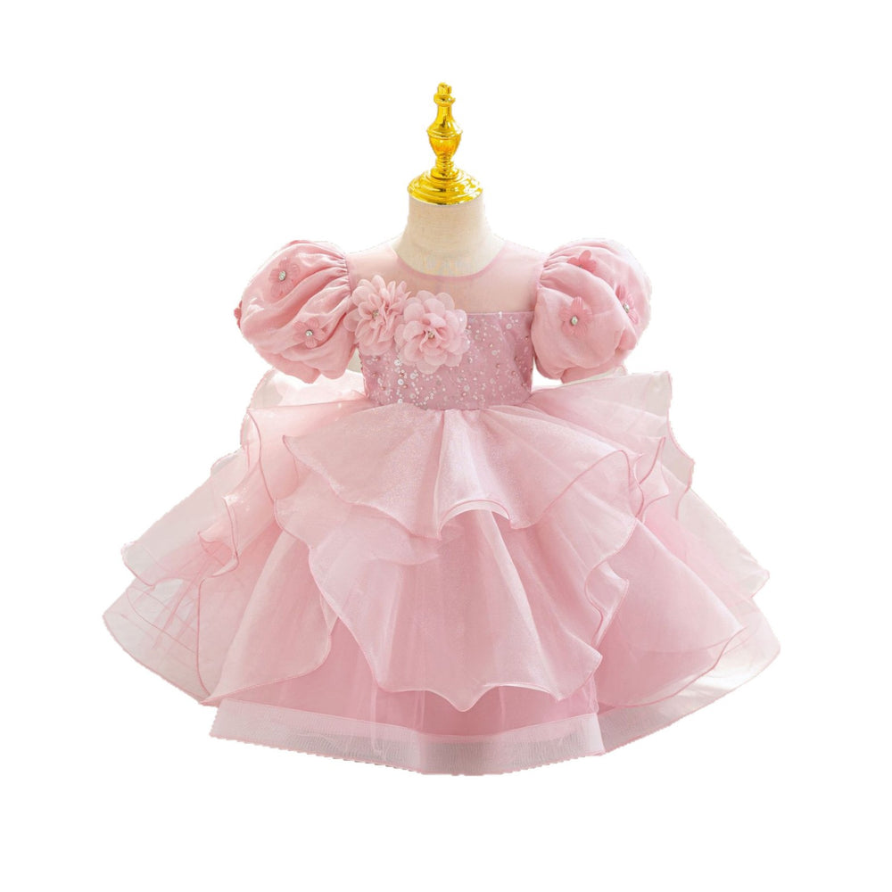 Ready-to-ship new bubble sleeve floral children's formal dress wedding princess gown baby girl party dress kids dress
