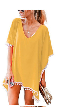 fashionnew arrivalprinting tassel small white ball chiffon beach skirt blouse ready-made trendy brand