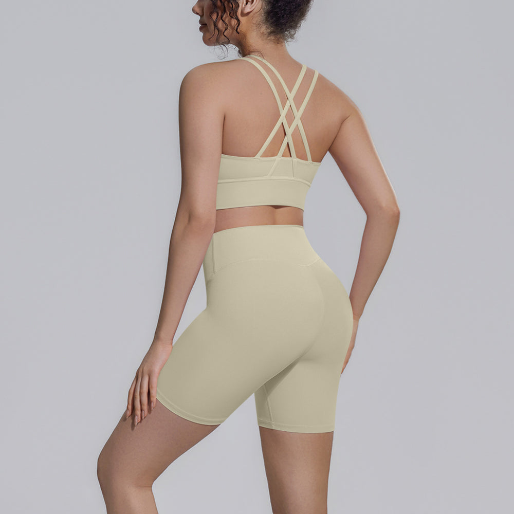 nude tight yoga wear cross-back sports bra suithigh waist hip lifting running fitness wear for women