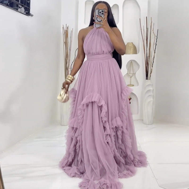European and american cross-border women's fashion:  spring new arrival - sexy and elegant halter neck high-waisted design purple sleeveless dress