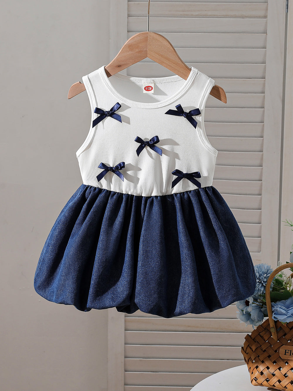 new european and american style cross-border girls' chic bowknot color block denim dress - infant & toddler dress