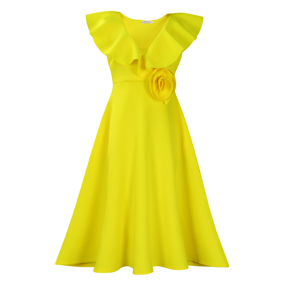 D565 cross-border women's fashion european and american  v-neck ruffle trim 3d floral skirt evening gown banquet dress