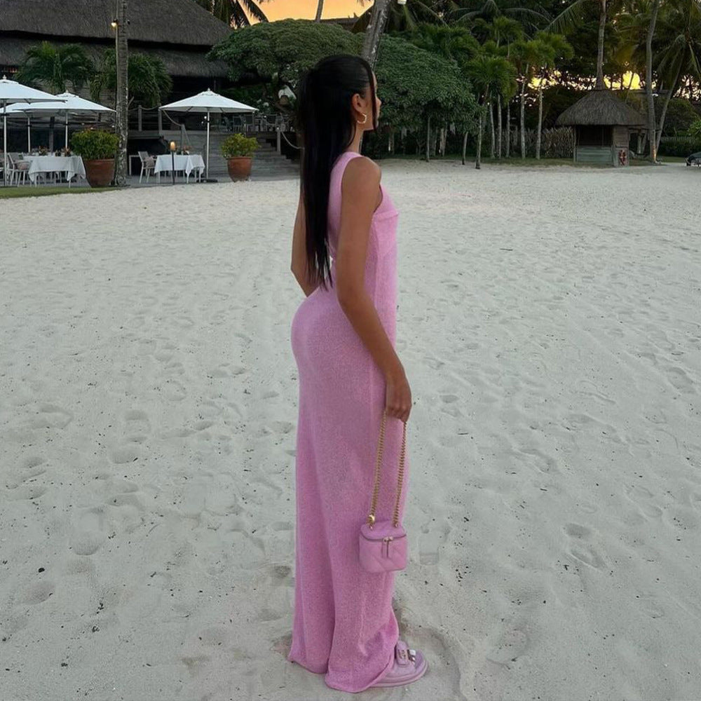 European and American  new products, sexy fashion sleeveless knitted kink crew neck long dress, slim-fitting pullover dress, spring and summer