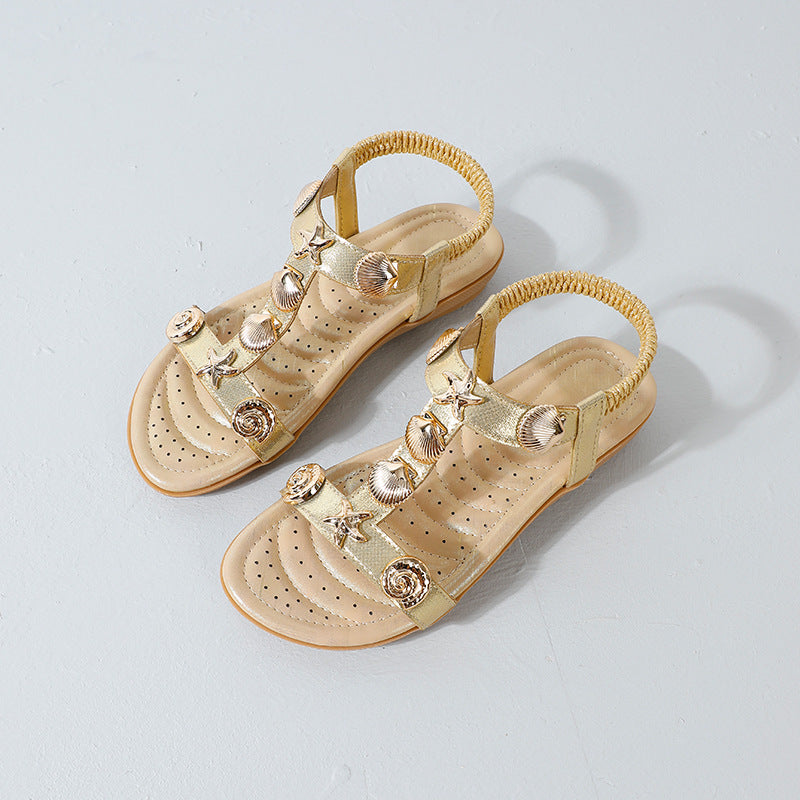 New summer flat heel retro ethnic open-toe sandals women's plus size beach shoes studded sandals