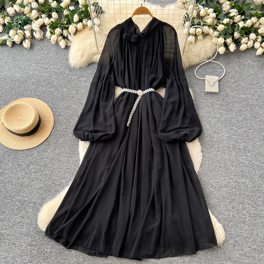 French heavy industry lantern sleeve silm dress for women k-style purple tie back waist a-line long skirt work clothingelegant
