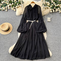 French heavy industry lantern sleeve silm dress for women k-style purple tie back waist a-line long skirt work clothingelegant