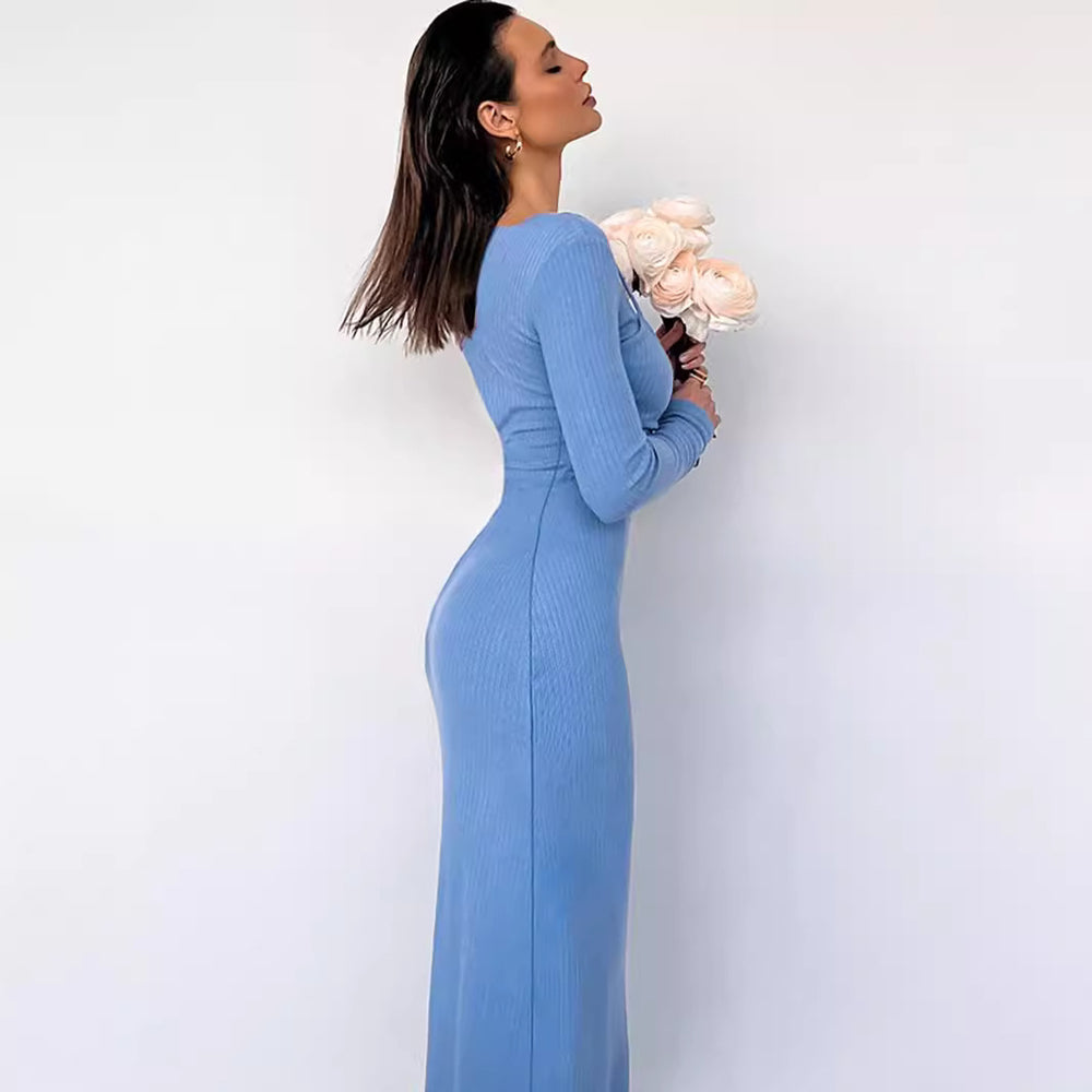 European and american cross-border women's fashion:  autumn new arrival - solid color long sleeve crew neck ribbed slim-fit slit maxi dress