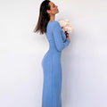 European and american cross-border women's fashion:  autumn new arrival - solid color long sleeve crew neck ribbed slim-fit slit maxi dress