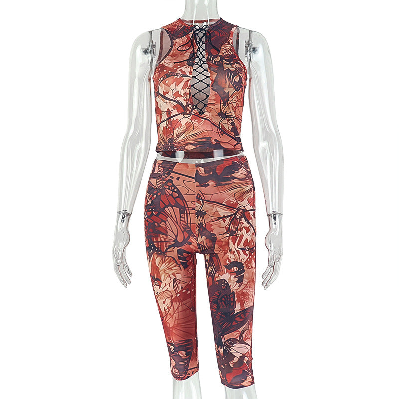 European and american style cross-border retro print women's sleeveless pant suit - slim-fit mid-length leggings, bestselling two-piece set