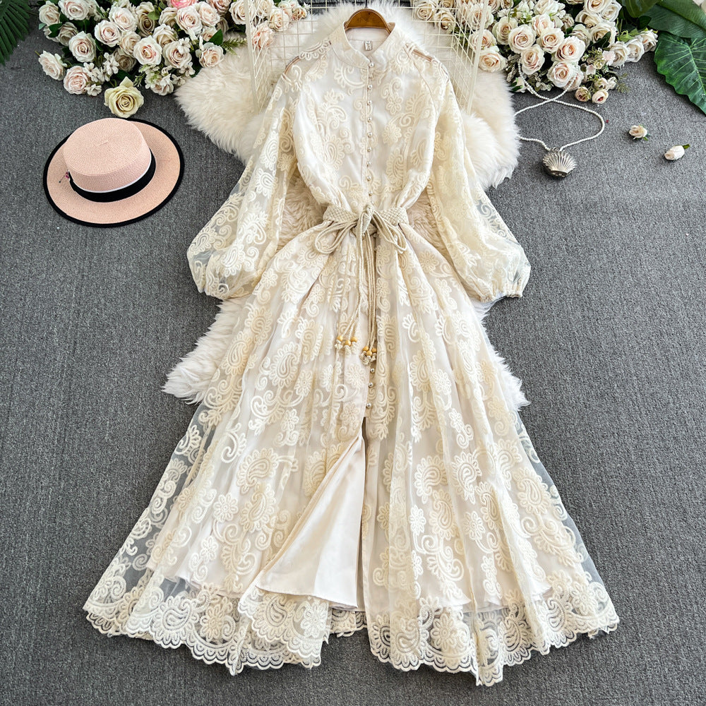 European and american style elegant stand collar single-breasted heavily crocheted embroidered lantern sleeve tie-waist maxi dress