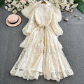 European and american style elegant stand collar single-breasted heavily crocheted embroidered lantern sleeve tie-waist maxi dress