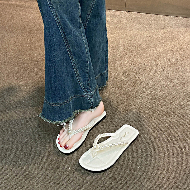 Summernew arrivalpure colorfashioneasiest for match pearl flip-flops women's sandals flats low heel classy women's shoes