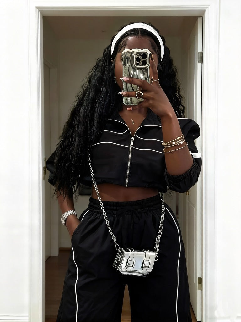 713 women's pant suit: fashionable sporty style zipper drawstring hem jacket + pocket wide-leg pants