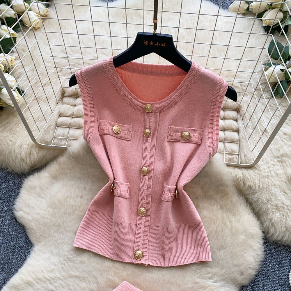 Pure desire style silmsweet season metal buckle sleeveless tops hip cover skirt knittingtwo-piece set women's summersuit