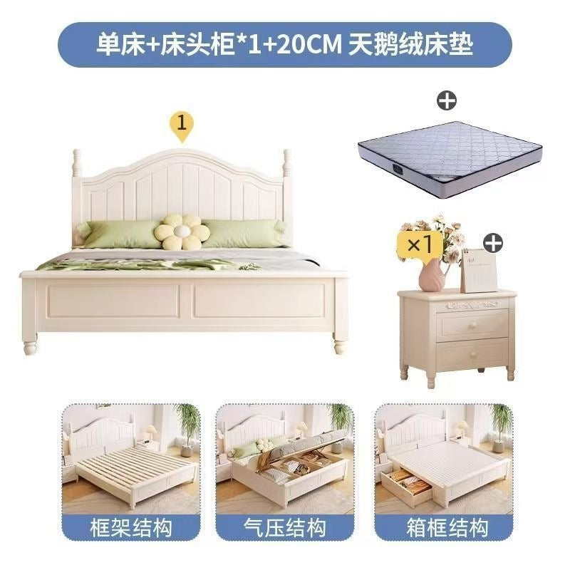 Nordic white cream solid wood bed - modern minimalist 1.8m double bed for master bedroom, 1.2m single bed with storage, wedding bed