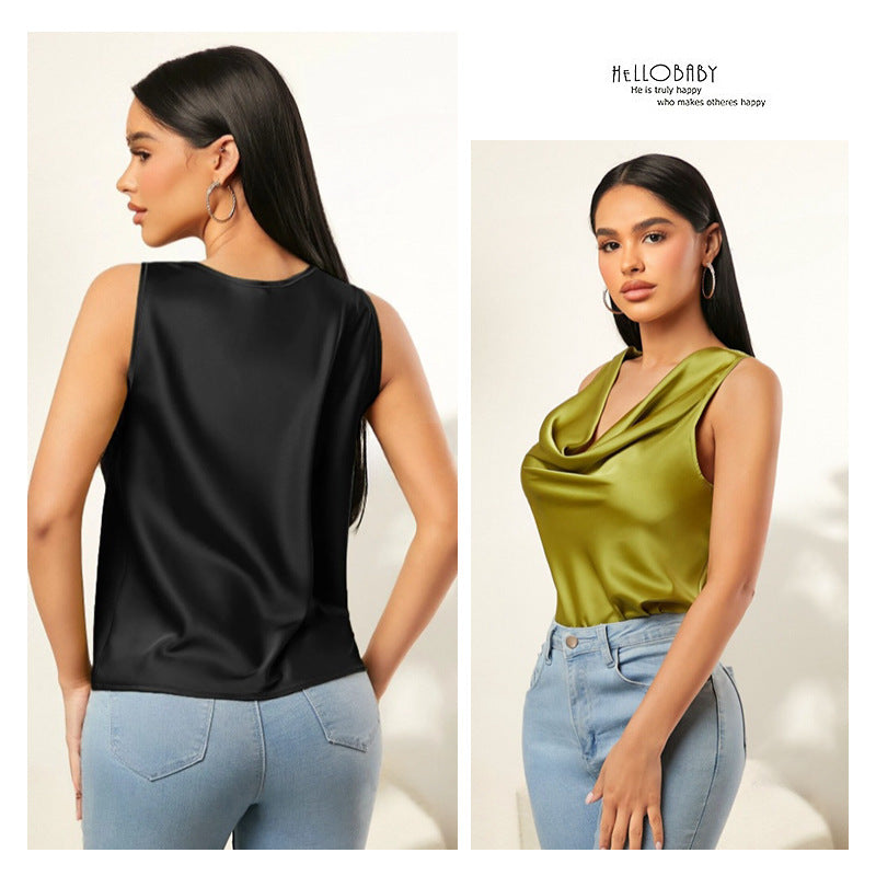 summer new satin ruched neck solid color sleeveless tank top - wholesale european and american style sleeveless tops