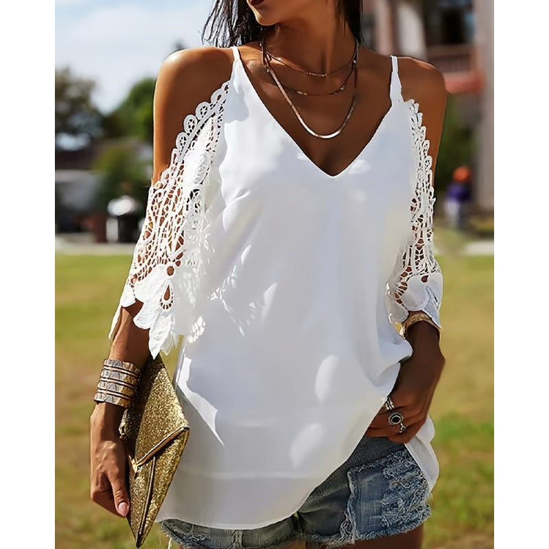 summer new european and american style lace off-the-shoulder v-neck camisole loose casual top women's clothing