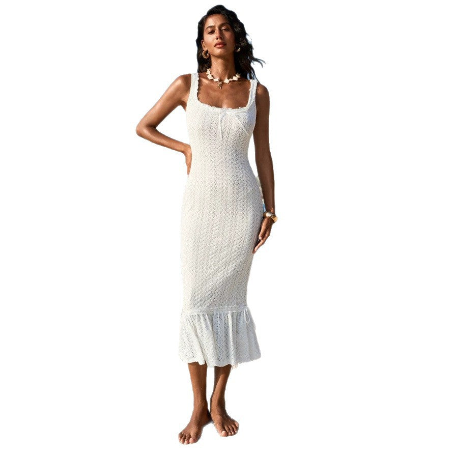hollow-out knit cami dress - women's european & american style vacation dress, slim fit, ruffle hem bodycon maxi dress