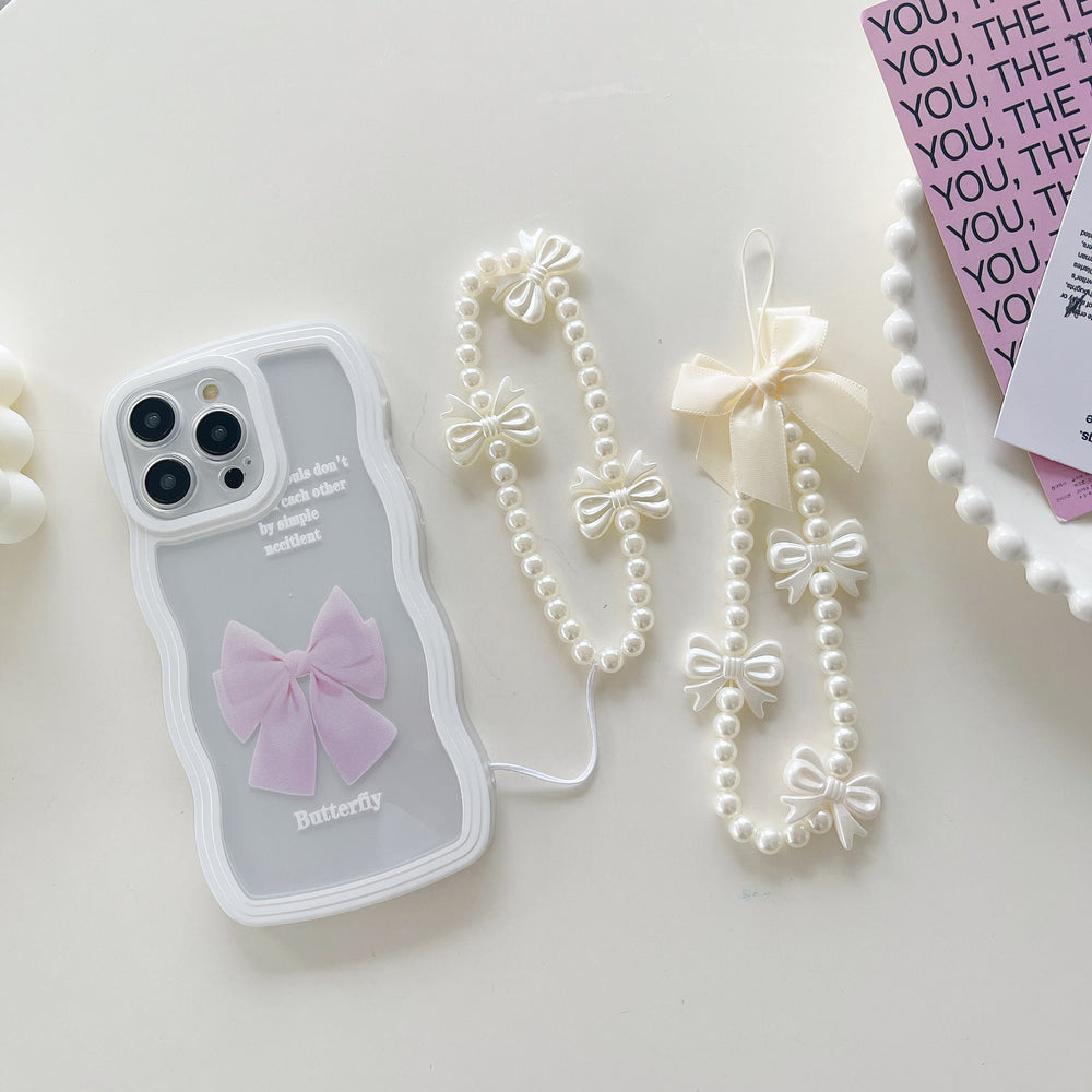 Minimalist pearl white heart bracelet with gauze bow and bear charm - phone lanyard accessory