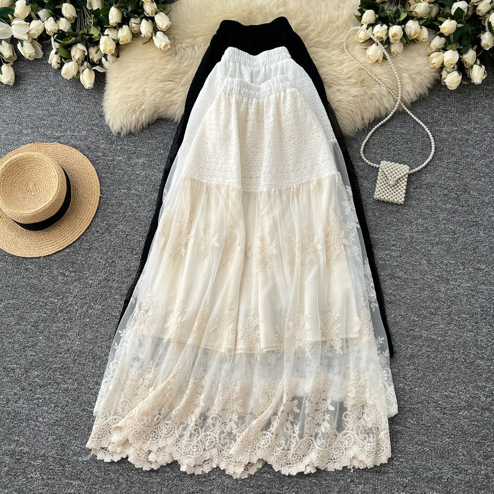 French chic embroidered lace patchwork a-line midi skirt - high waist, slimming, and versatile cake skirt