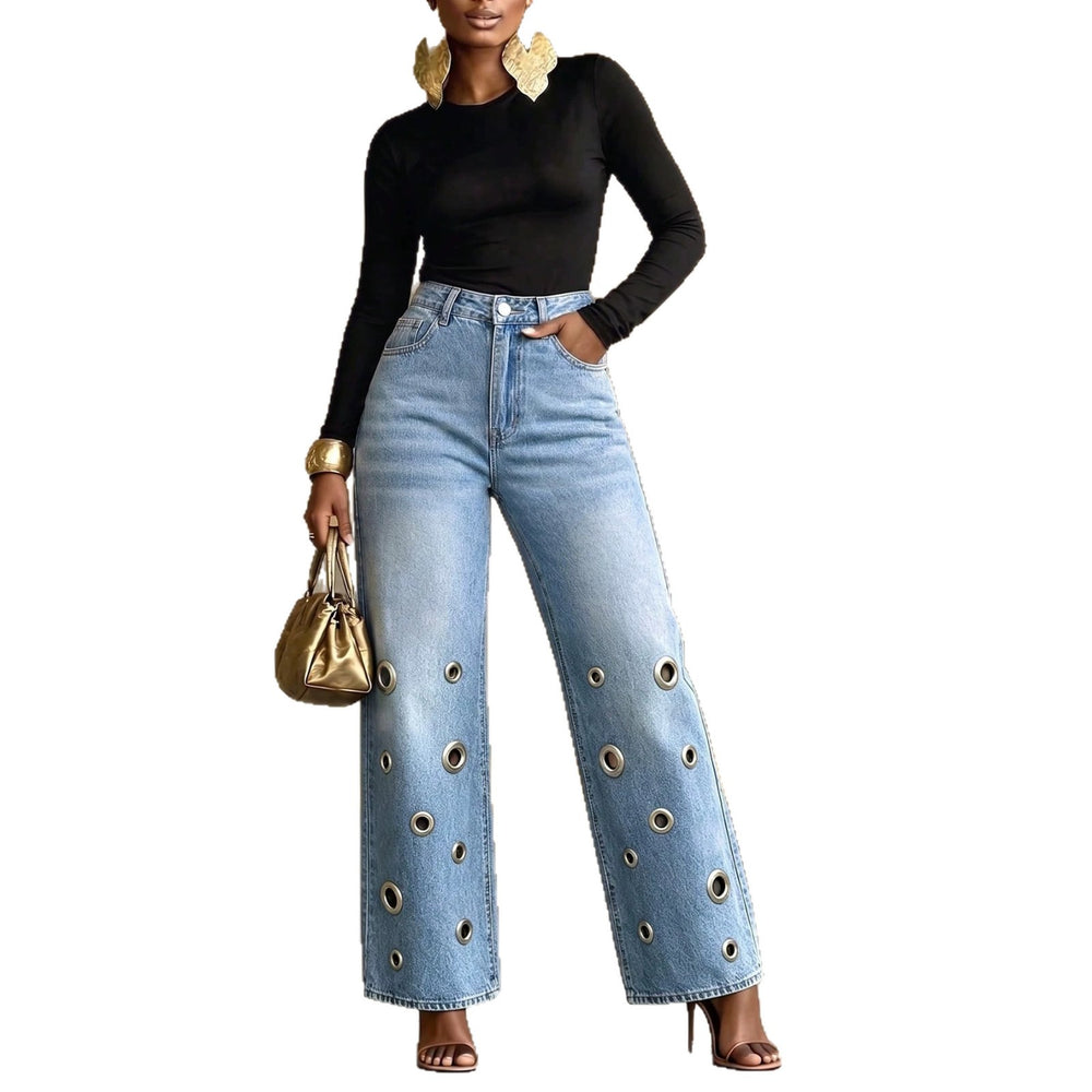 Fashionjeans women's high waist metal eye decoration loose pants pants light blue washed loosestraight-legpantsstylish trendy
