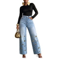 Fashionjeans women's high waist metal eye decoration loose pants pants light blue washed loosestraight-legpantsstylish trendy