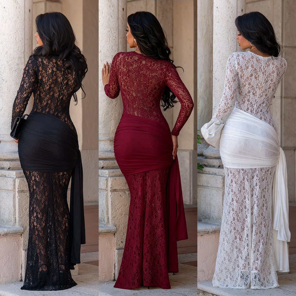C7688 cross-border   fashion women's sexy round neck lace slim fit long sleeve dress