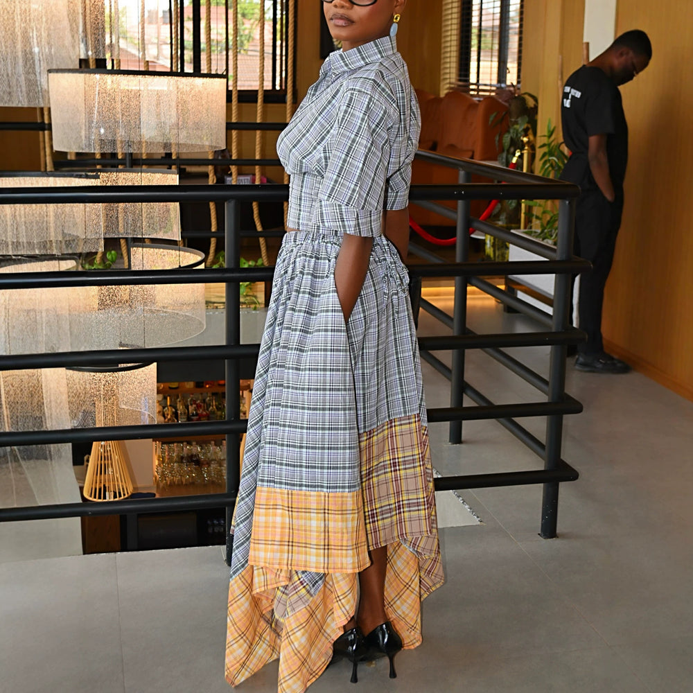 European and american cross-border women's fashion:  summer new collection - stylish turn-down collar plaid cropped shirt and asymmetrical midi skirt set