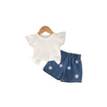 Children's clothing  fashion children's clothing cross-border off-white flying sleeve t-shirt + blue shorts