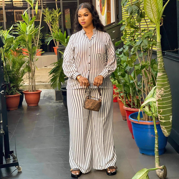 African large size women's lapel collar striped loose long-sleeved shirt women's European and American fashion casual trousers new two-piece set