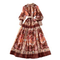 European and american retro chic court-style printed collar lantern sleeve cinched waist single-breasted dress - women's slimming elegant maxi dress