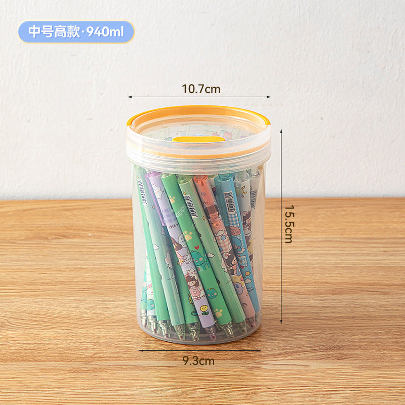 Desktop round handheld pen holder storage box with lid transparent plastic multi-functional desk sundries stationery storage box
