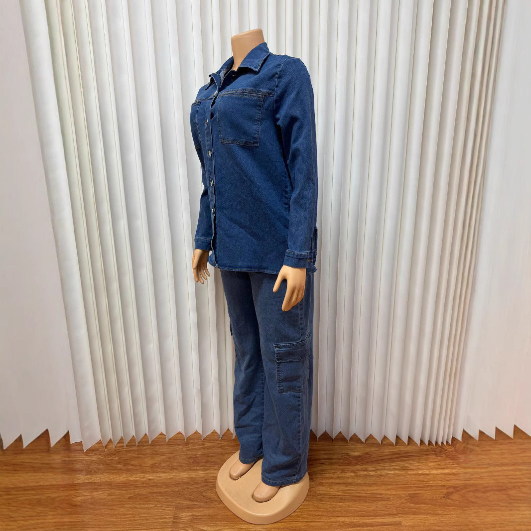 European and American  women's clothing  new loose lapel cardigan long-sleeved straight trousers multi-pocket set denim