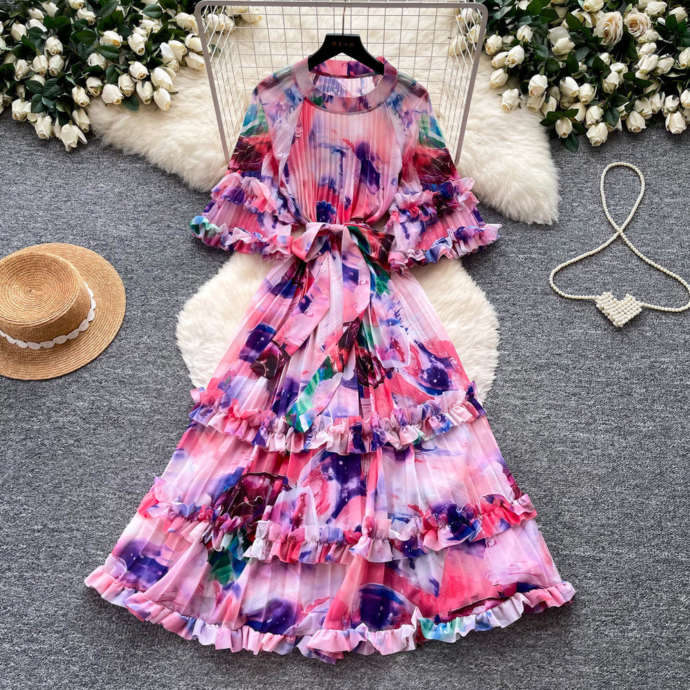Vintage court style printed bubble sleeve dress - korean style tie-waist ruffle hem fairy dress